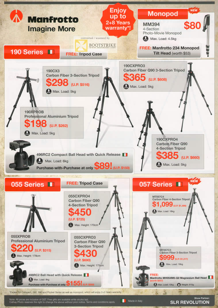 IT Show 2011 price list image brochure of Cathay Photo Manfrotto Tripods Monopod MM394 190CX3 190XPROB 190CXPRO3 190CXPRO4 055 057