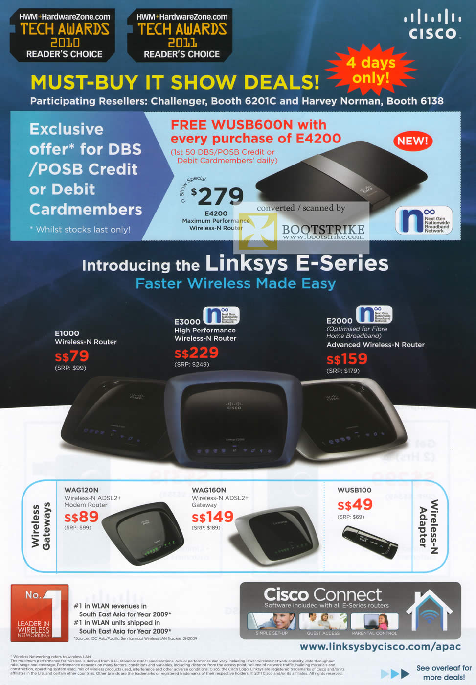 IT Show 2011 price list image brochure of Cisco Linksys E-Series W4200 Wireless N Router E1000 E3000 E2000 WAG120N WAG160N WUSB100 Challenger Harvey Norman