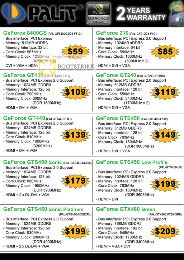 IT Show 2011 price list image brochure of Convergent Palit Geforce Graphic Card 8400GS 210 GT430 GT240 GT440 GTS450 Sonic Low Profile Platinum GTS460 Green