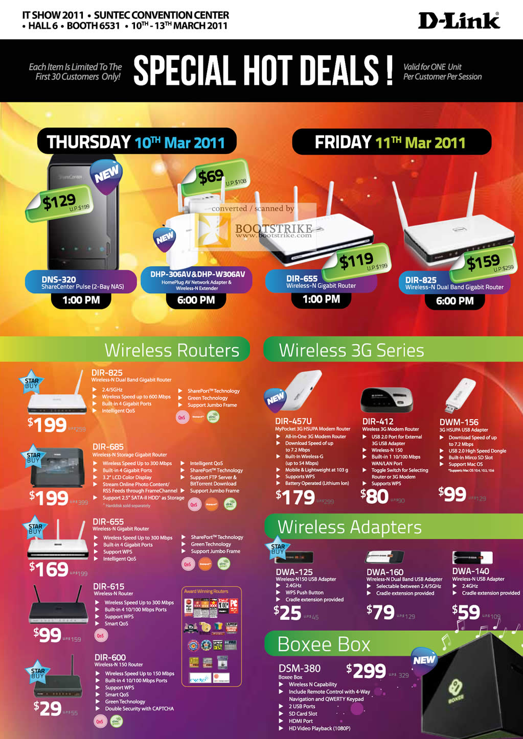 IT Show 2011 price list image brochure of D-Link Wireless Routers 3G DIR-825 DIR-685 DIR-655 DIR-615 DIR-600 DIR-457U DIR-412 DWM-156 DWA-160 DWA-140 Adapter DSM-380 Boxee