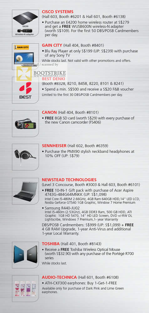 IT Show 2011 price list image brochure of DBS POSB Rewards Cisco E4200 Gain City Canon Sennheiser PMX90 Newstead Samsung R440 Toshiba R700 ATH CKF300