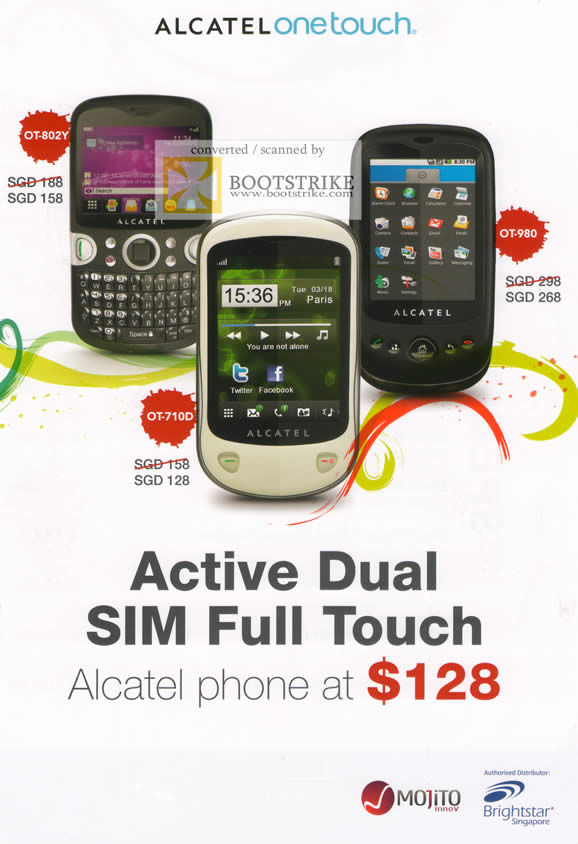 IT Show 2011 price list image brochure of Divoom Alcatel Onetouch OT-802Y OT-710D OT-980 Active Dual SIM Full Touch Mojito