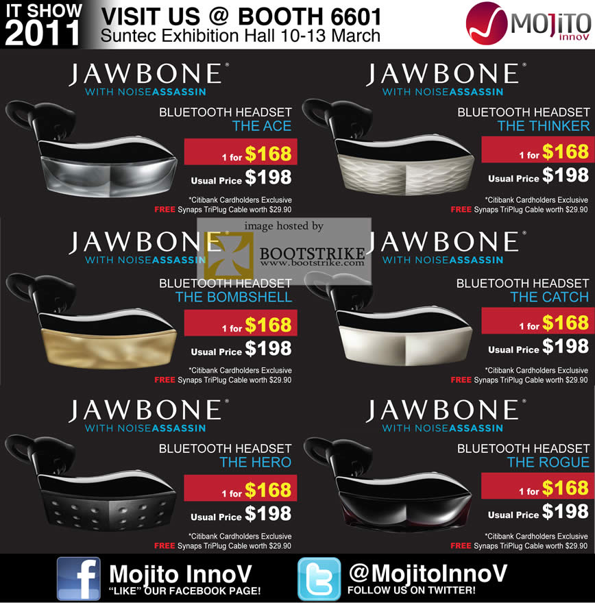 IT Show 2011 price list image brochure of Divoom Jawbone Noise Assassin Bluetooth Headset Ace Thinker Bombshell Catch Hero Rogue