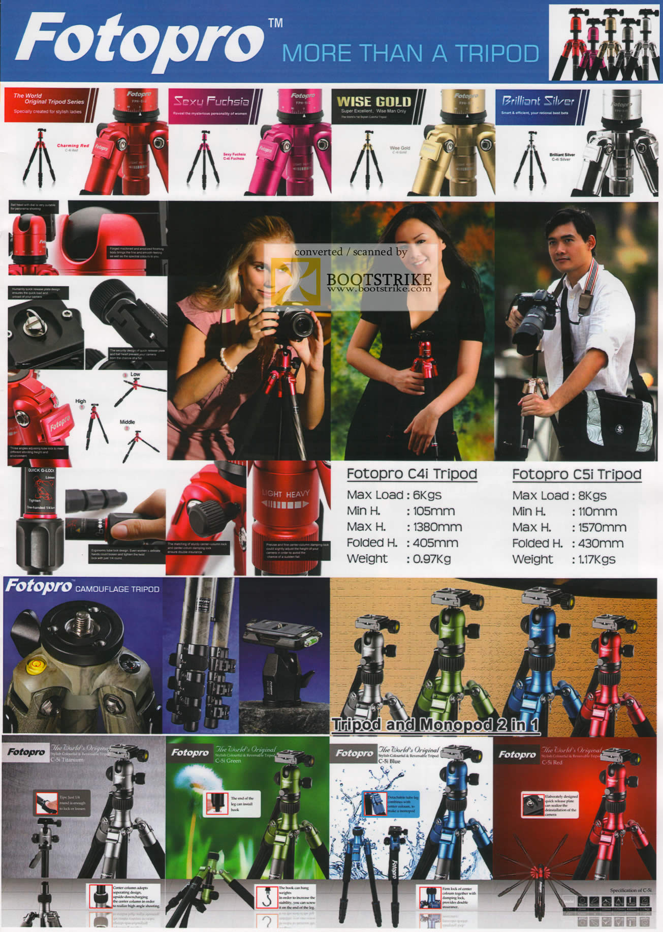 IT Show 2011 price list image brochure of EL Dorado Fotopro Tripods Sexy Fushsia Wise Gold Brilliant Silver Camouflage Monopod