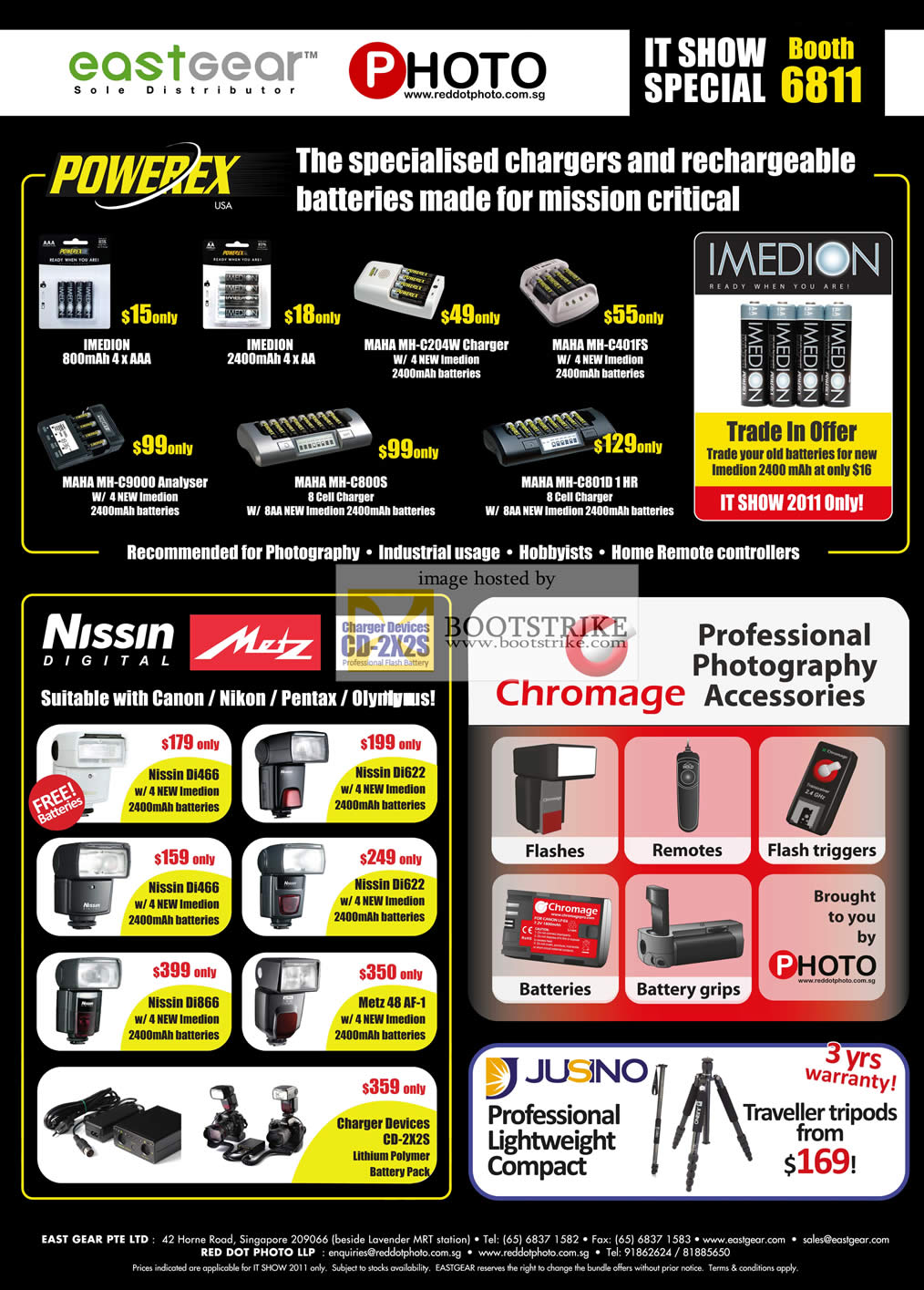 IT Show 2011 price list image brochure of Eastgear Red Dot Photo Powerex Imedion Charger Battery Nissin Digital Metz Flash Light Chromage Accessories Jusino Tripods