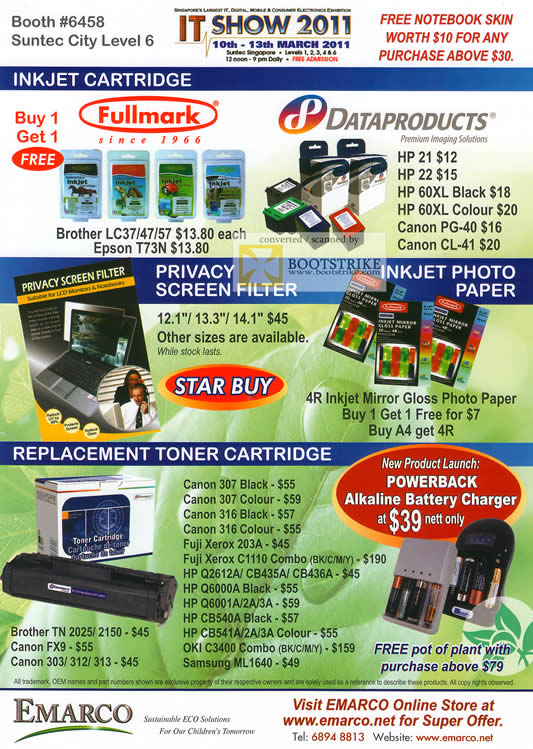 IT Show 2011 price list image brochure of Emarco Fullmark Ink Cartridge Dataproducts Privacy Screen Filter Photo Paper Toner Cartridge Alkaline Battery Charger