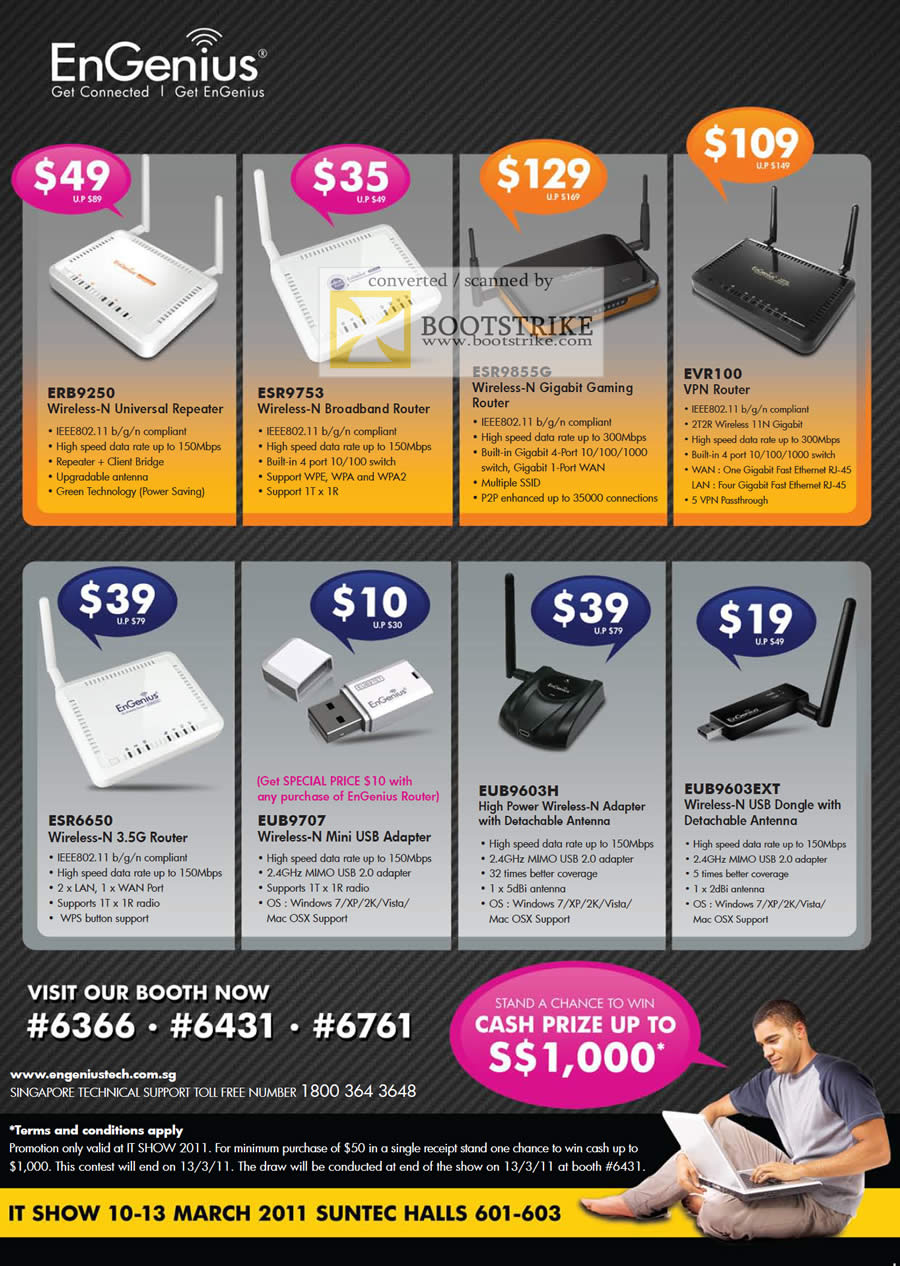 IT Show 2011 price list image brochure of Engenius Wireless N Router Gigabit Repeater ERB9250 ESR9753 ESR9855G EVR100 VPN ESR6650 EUB9707 EUB9603H EUB9603EXT