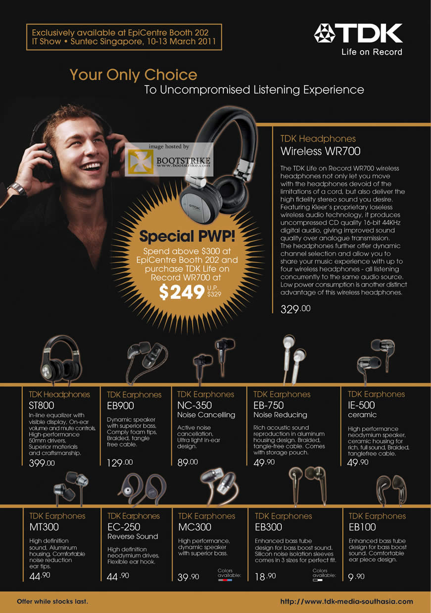 IT Show 2011 price list image brochure of Epicentre TDK Headphones Wireless WR700 ST800 EB900 NC 350 EB 750 IE 500 MT300 EC 250 MC300 EB300 EB100