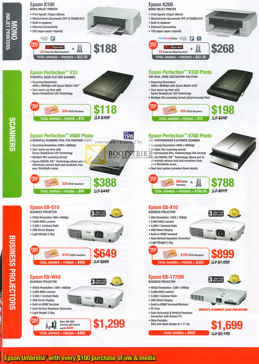 IT Show 2011 price list image brochure of Epson Printers Inkjet K100 K200 Scanners Perfection V33 V330 V600 V700 Projectors EB-S10 EB-W10 EB-X10 EB-1775W