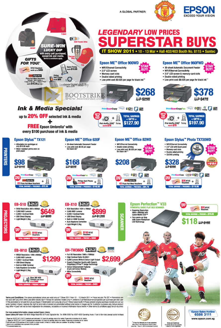 IT Show 2011 price list image brochure of Epson Printers ME Office 900WD 960FWD Stylus TX121 620F 82WD TX720WD Projectors EB S10 X10 W10 TW3600 Scanner Perfection V33