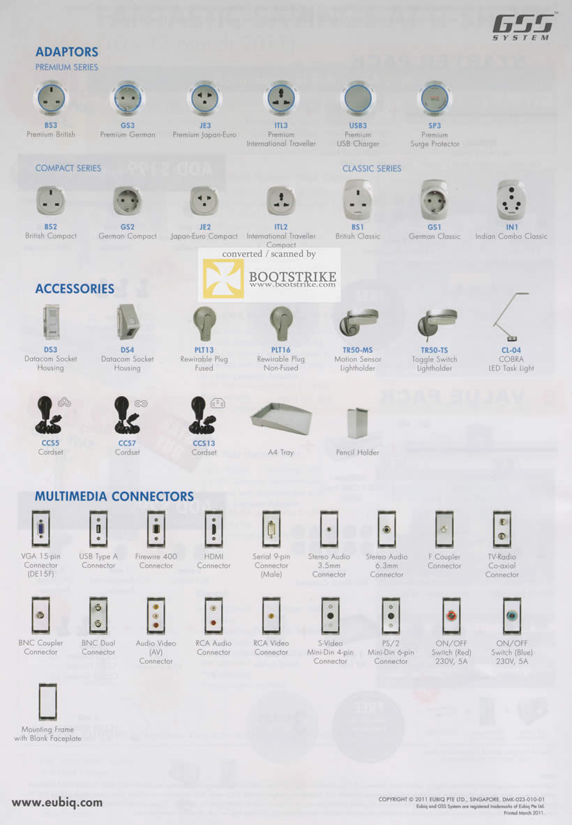 IT Show 2011 price list image brochure of Eubiq Power Outlet GSS System Adaptors Accessories Multimedia Connectors