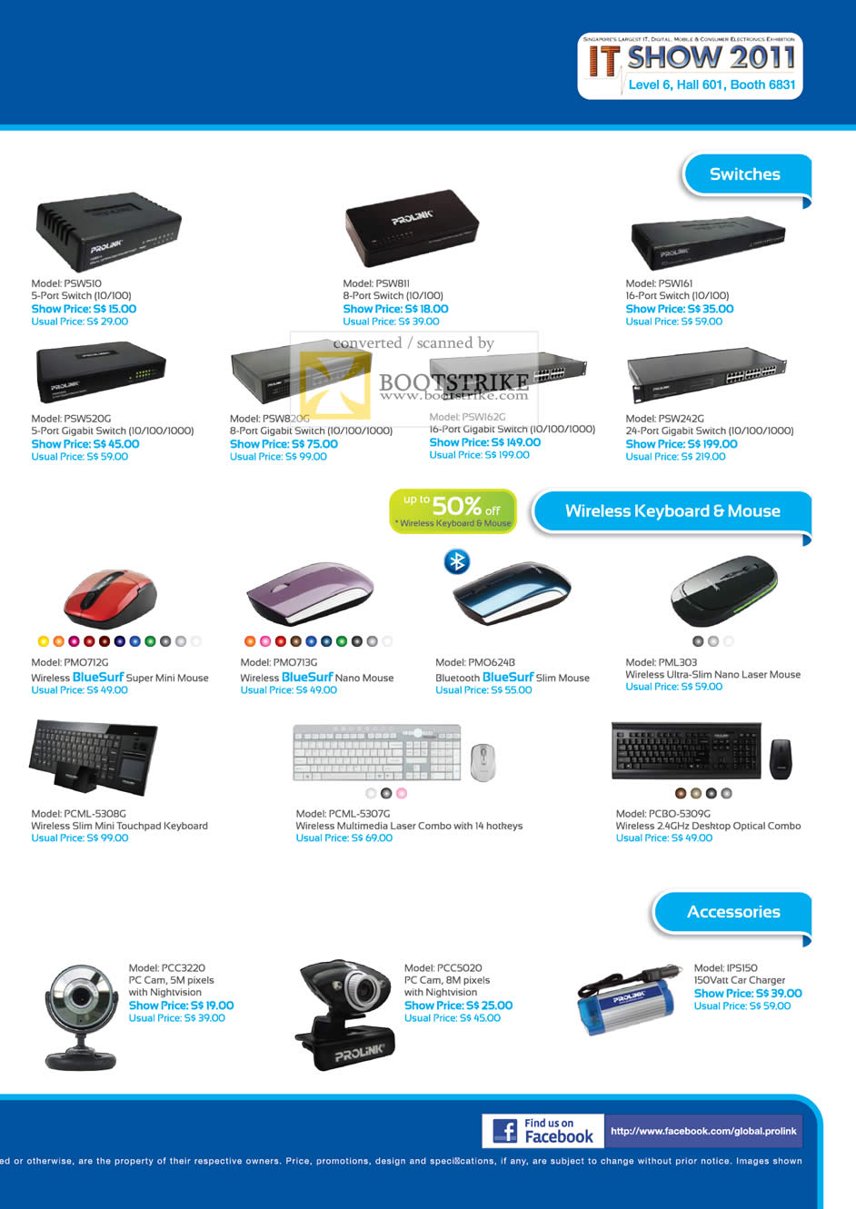 IT Show 2011 price list image brochure of Fida Intl Prolink Gigabit Switch Wireless Keyboard Bluesurf Nano Laser Mouse Webcam Car Charger