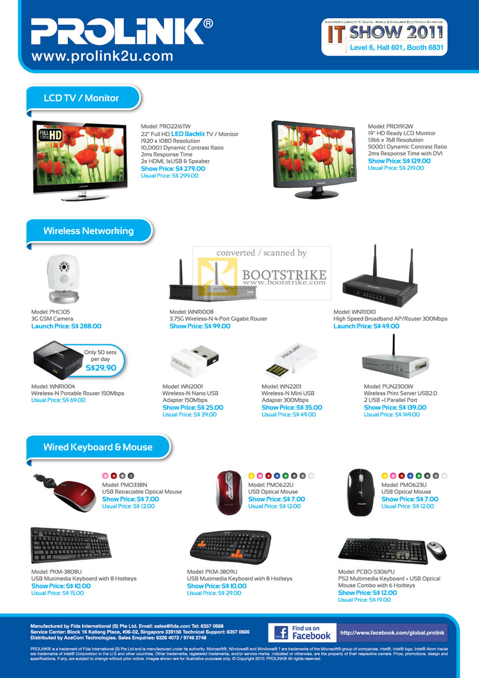 IT Show 2011 price list image brochure of Fida Intl Prolink LCD TV Monitor PRO2216TW PRO1912W Wireless 3G GSM Camera Gigabit Router Optical Mouse Print Server Keyoard