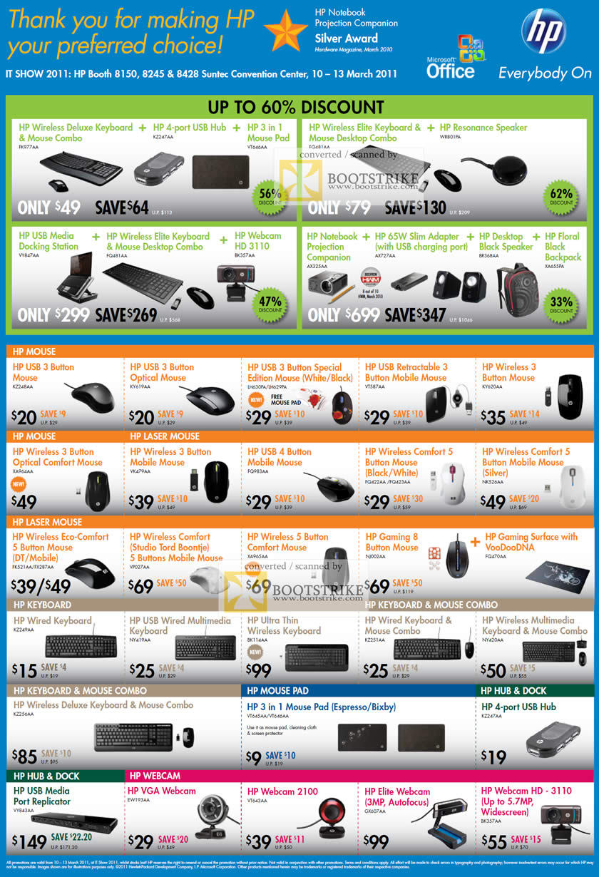 IT Show 2011 price list image brochure of HP Accessories Keyboard Mouse Combo Elite Adapter Optical Wireless Laser Pad Hub Dock Webcam 2100 Elite