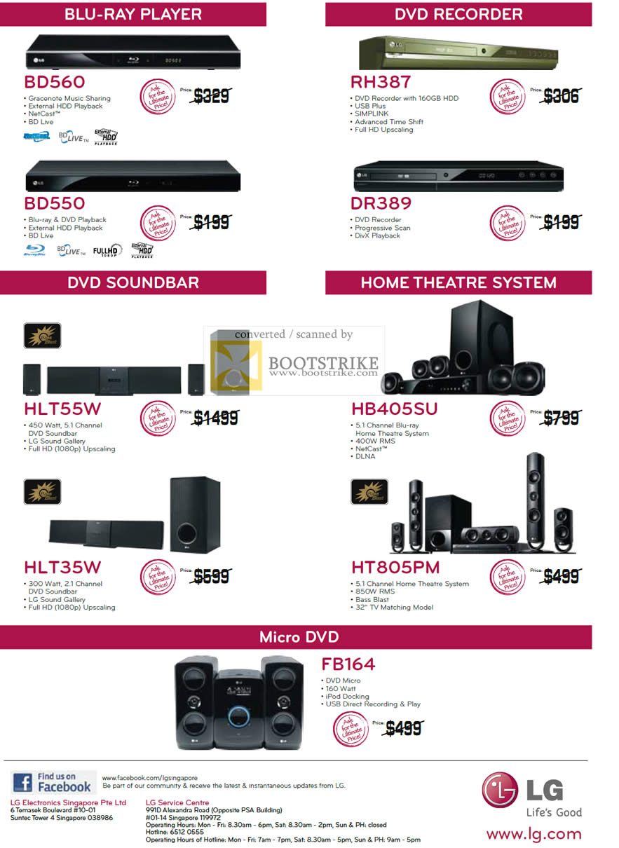 IT Show 2011 price list image brochure of LG Blu-Ray Player BD560 BD550 DVD Recorder RH387 DR389 Soundbar HLT55W HLT35W Home Theater HB405SU HT805PM Micro FB164