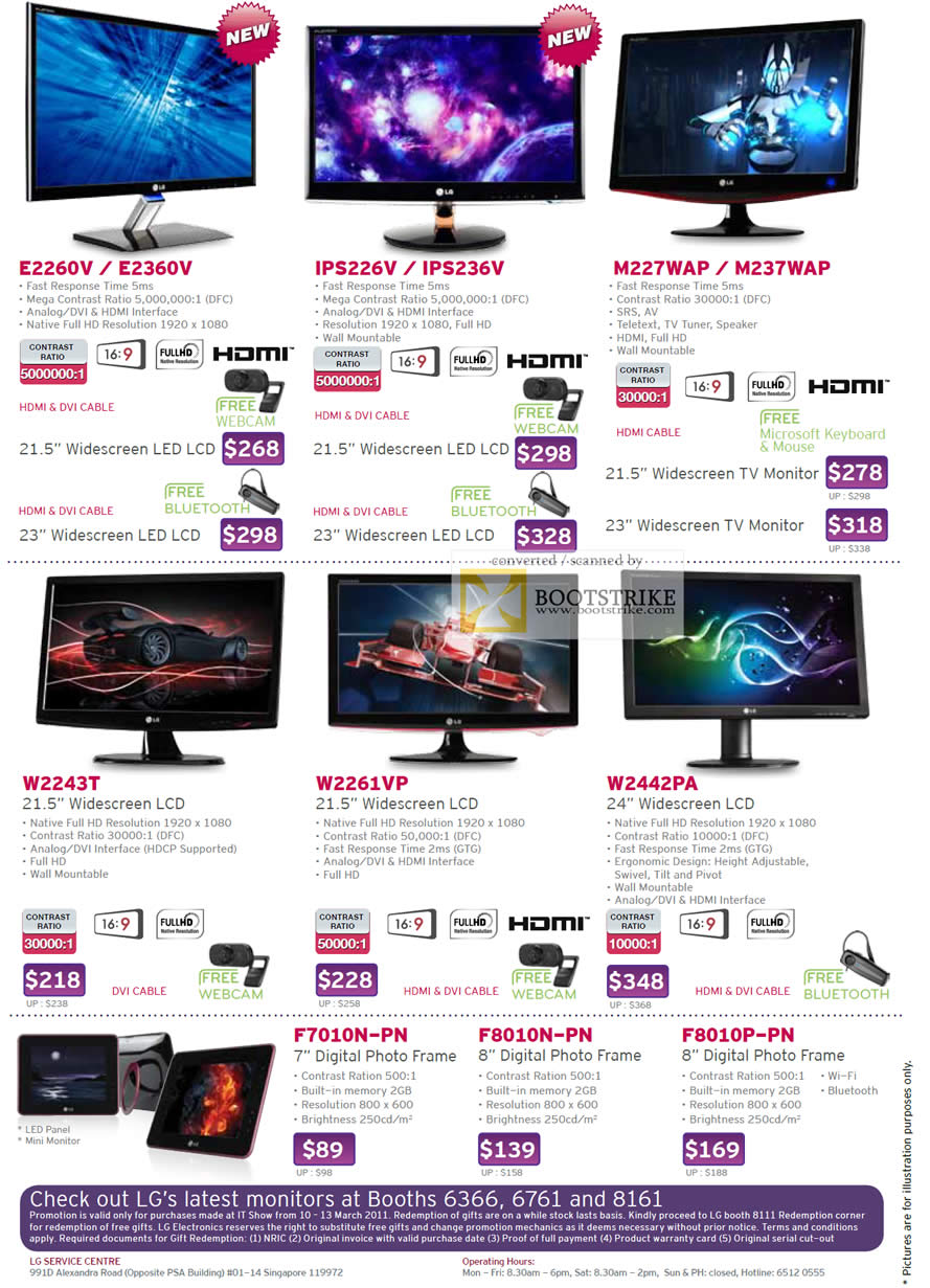 IT Show 2011 price list image brochure of LG LCD Monitors E2260V E2360V IPS226V IPS236V M227WAP M237WAP W2243T W2261VP W2442PA Digital Photo Frames F7010N-PN F8010N-PN F8010P-PN