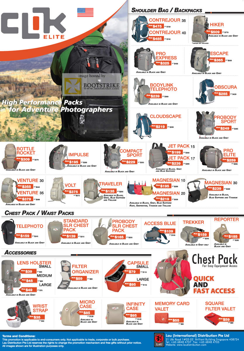 IT Show 2011 price list image brochure of Lau Intl Clik Bags Contrejour Hiker Escape Cloudscape Impulse Pro Elite Magnesian Telephoto Micro Case