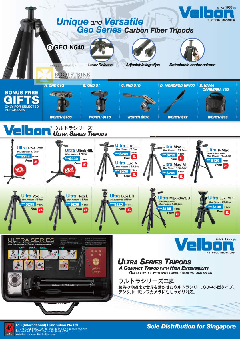 IT Show 2011 price list image brochure of Lau Intl Velbon Carbon Fiber Tripods Geo N640 Ultra Pole Pod Ultrek Luxi Maxi Rexi