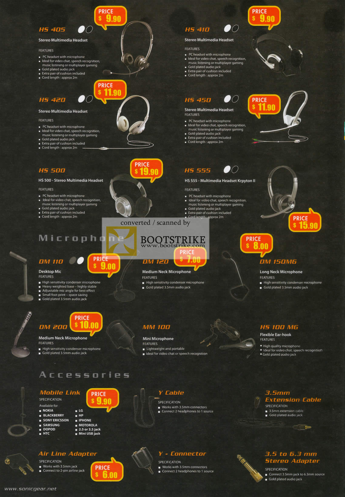 IT Show 2011 price list image brochure of Leapfrog Sonicgear Headsets HS-405 HS-410 HS-420 HS-450 HS-500 HS-555 Microphone DM-110 DM-120 150MG MM-100 Mobile Link