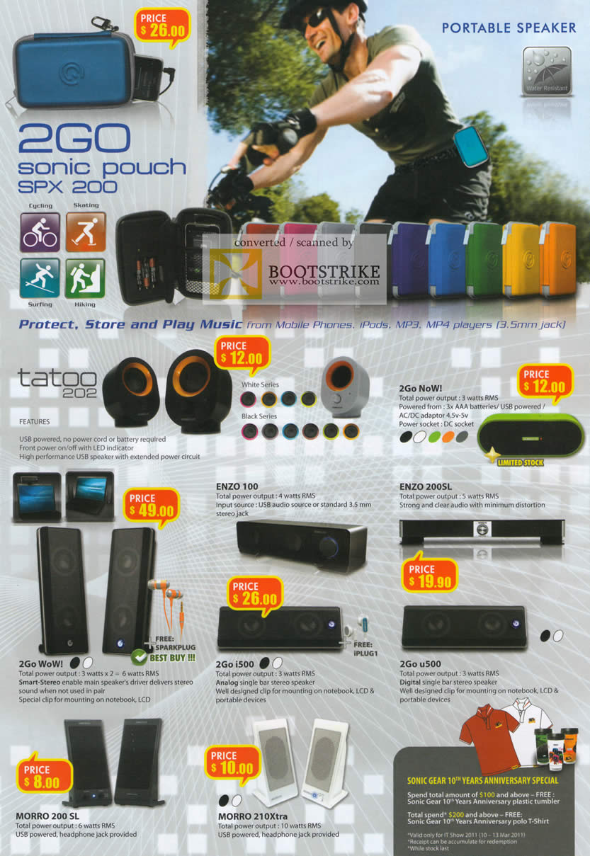 IT Show 2011 price list image brochure of Leapfrog Sonicgear Speakers 2Go Sonic Pouch Tatoo 202 Now Enzo 100 Enzo 200Sl WoW I500 U500 Morro 200 SL 210Xtra