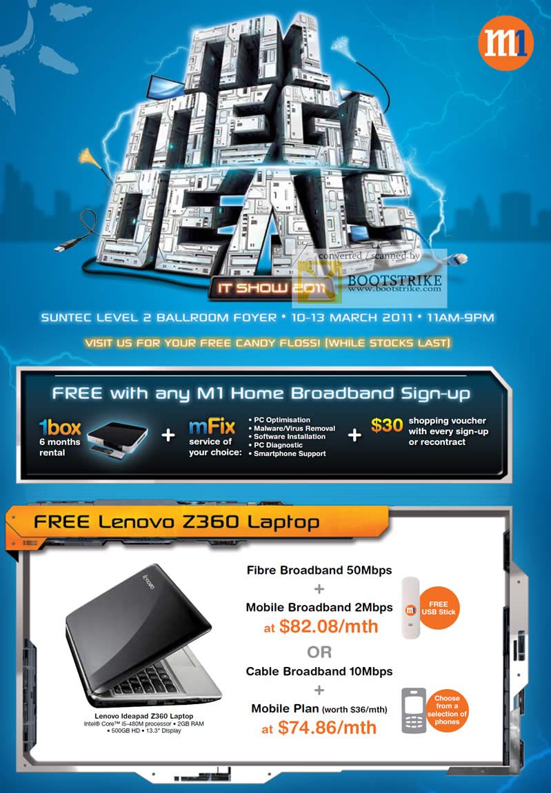 IT Show 2011 price list image brochure of M1 Fibre Mobile Cable Broadband Lenovo Z360 Home Free Candy Floss