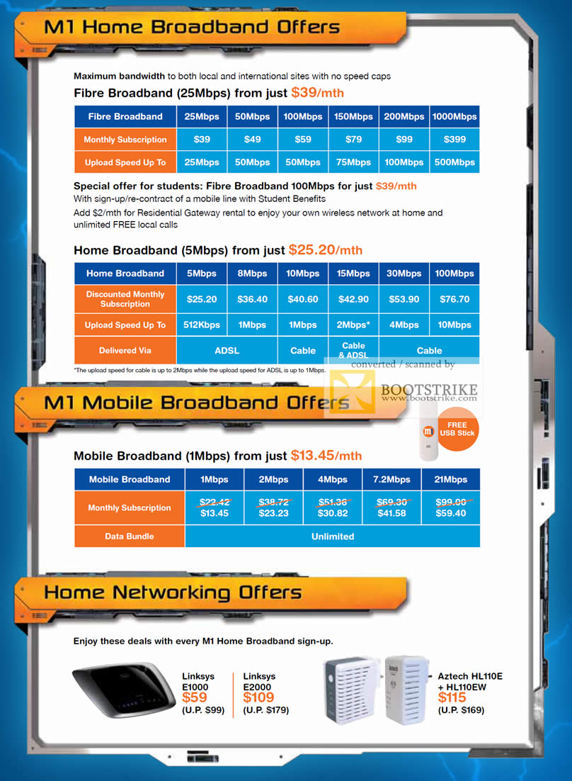 IT Show 2011 price list image brochure of M1 Fibre Mobile Cable Broadband Lenovo Z360 Home Linksys E1000 E2000 Aztech HL110E HL110EW