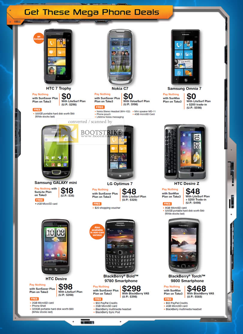 IT Show 2011 price list image brochure of M1 Mobile Phones HTC 7 Trophy Nokia C7 Samsung Omnia 7 Galaxy Mini LG Optimus 7 Desire Z Blackberry Bold 9780 Torch 9800