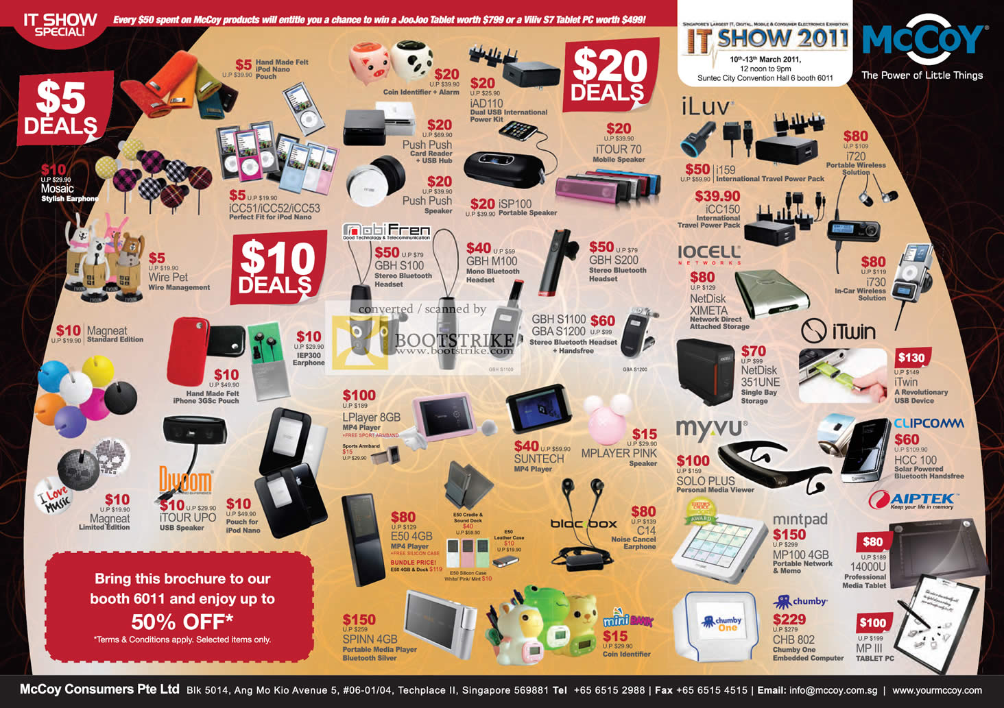 IT Show 2011 price list image brochure of Mccoy Earphones Mosaic MobiFren Blac Box Mintpay Myvu Iocell ILuv ITwin Aiptek Clipcomm Spinn Mini Bank