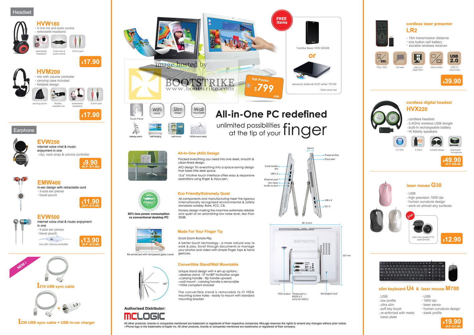 IT Show 2011 price list image brochure of Mclogic Sensonic Headsets Earphones AIO PC A50t Laser Presenter Mouse G30 Keyboard Laser M700