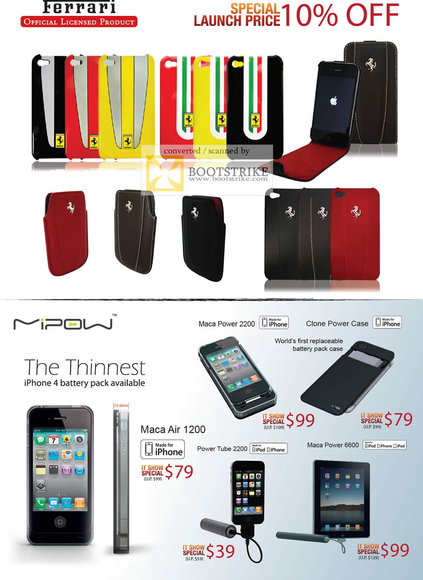 IT Show 2011 price list image brochure of Mobile Labs Ferrari Mi Pow IPhone Case Maca Air Battery Pack Maca Power 2200 Clone Power Tube 2200 6600