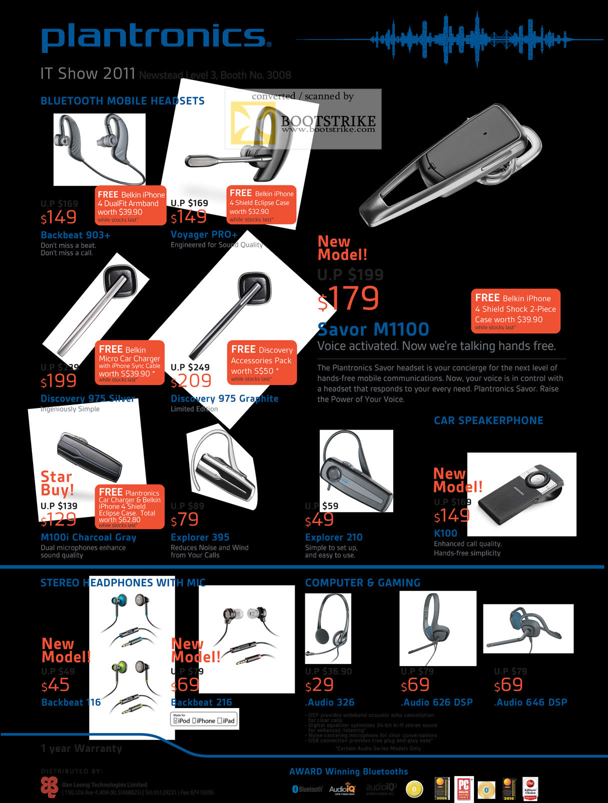 IT Show 2011 price list image brochure of Newstead Plantronics Bluetooth Headsets Backbeat 903 Voyager Pro Savor M1100 Discovery 975 Silver Graphite M100i Explorer Audio DSP