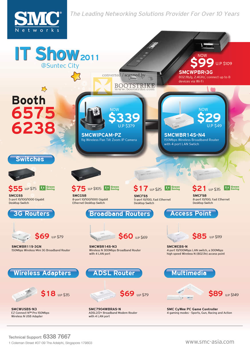 IT Show 2011 price list image brochure of SMC Networks Switches 3G Routers ADSL Wireless IPCam SMCWIPCAM-PZ SMCWPBR-3G SMCWBR14S-N4 Cywee