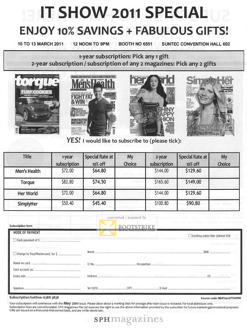 IT Show 2011 price list image brochure of SPH Magazines Torque Men's Health Her World Simply Her Subscription