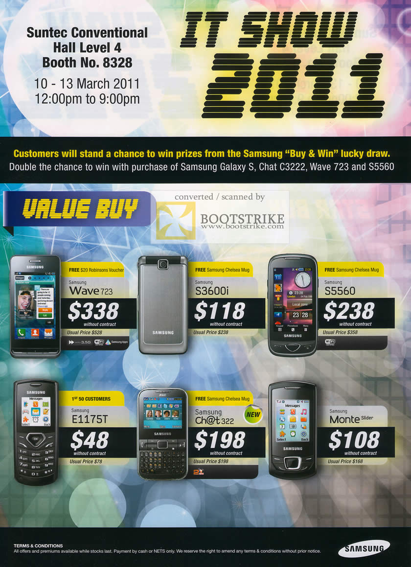 IT Show 2011 price list image brochure of Samsung Mobile Phones Wave 723 S3600i S5560 E1175T Chat 322 Monte Slider