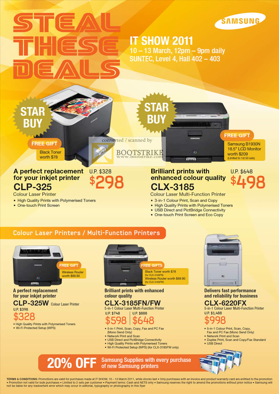 IT Show 2011 price list image brochure of Samsung Printers Laser Colour CLP-325 CLX-3185 CLP-325W CLX-3185FN FW CLX-6220FX