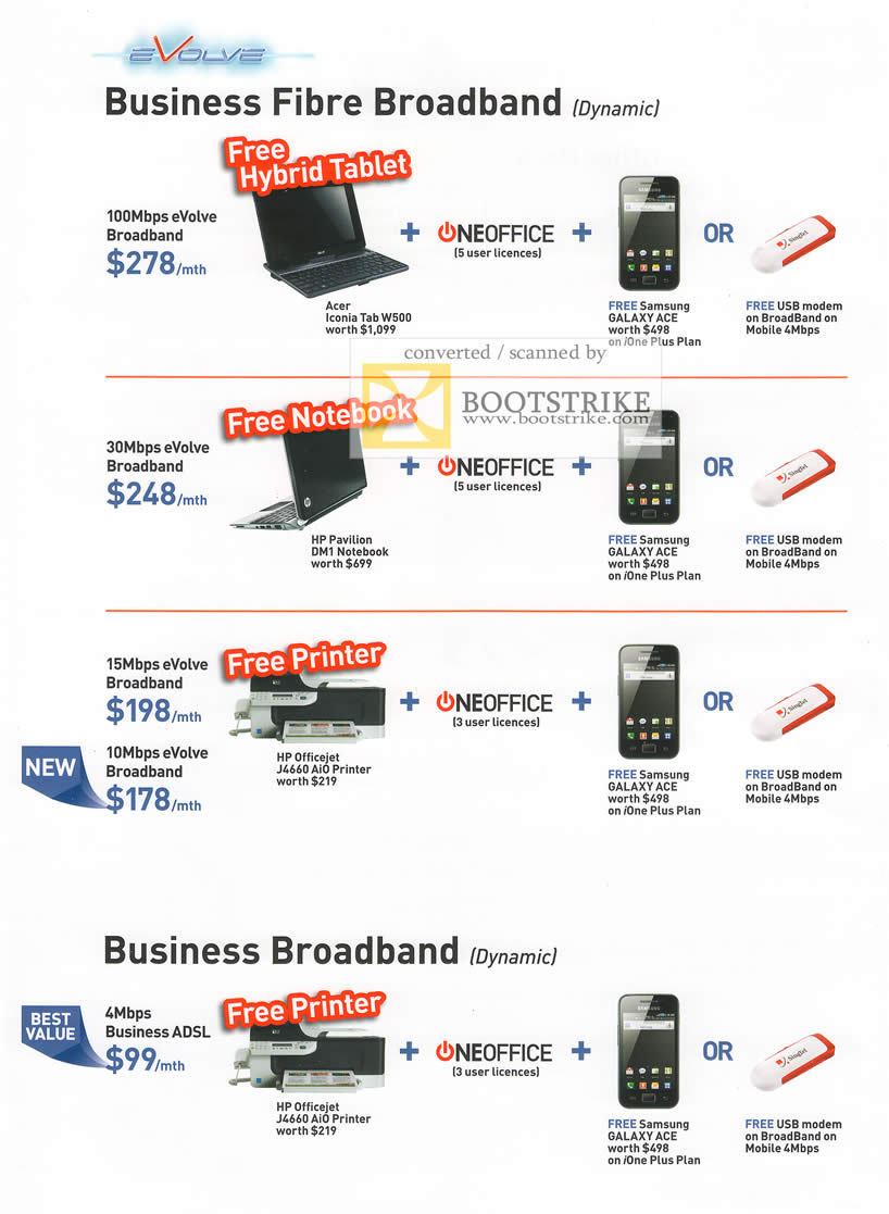 IT Show 2011 price list image brochure of Singtel Business Fibre Broadband EVolve Oneoffice Samsung Galaxy Ace HP Officejet