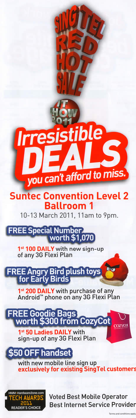 IT Show 2011 price list image brochure of Singtel Free Special Number Angry Bird Plush Toy CozyCot