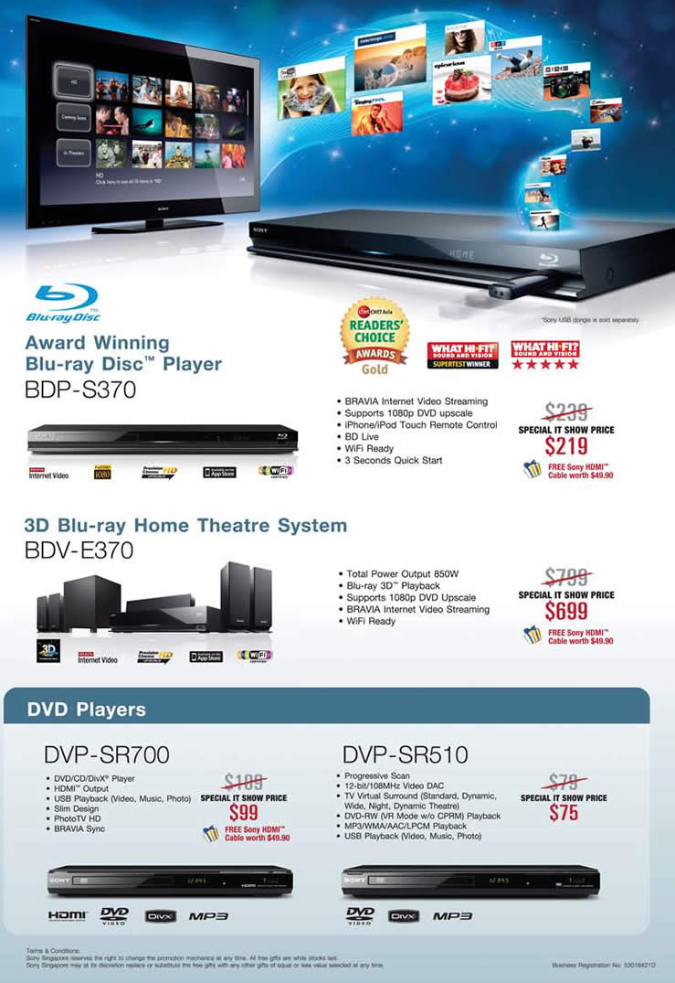 IT Show 2011 price list image brochure of Sony Blu Ray Disc Player BDP-S370 Home Theatre System BDV-E370 DVD DVP-SR700 DVP-SR510