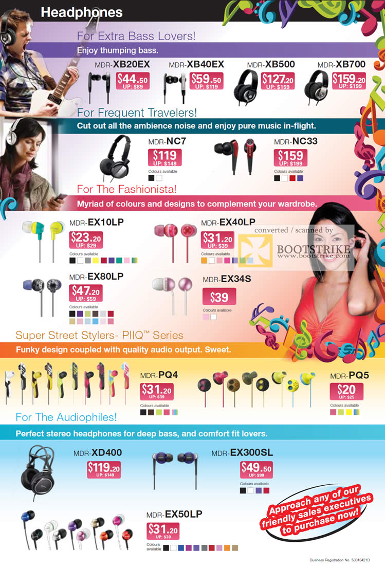 IT Show 2011 price list image brochure of Sony Headphones Earphones MDR-XB20EX XB40EX XB500 XB700 NC7 NC33 EX10LP EX40LP EX80LP EX34S PQ4 PQ5 XD400 EX300SL EX50LP