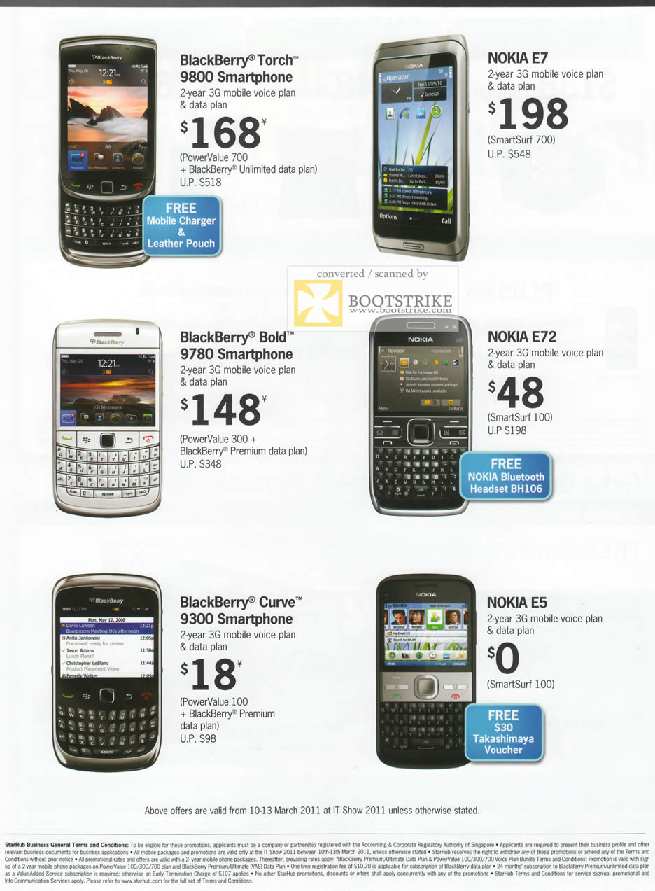 IT Show 2011 price list image brochure of Starhub Business Mobile Phones Blackberry Torch 9800 Nokia E7 Bold 9780 E72 Curve 9300 E5