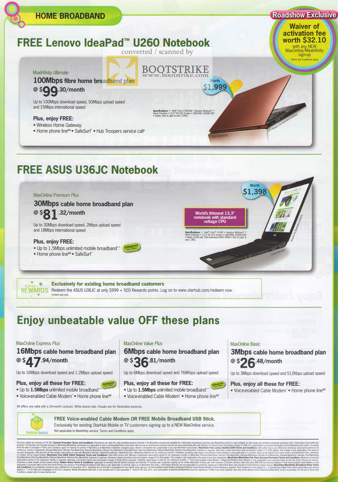 IT Show 2011 price list image brochure of Starhub Lenovo Ideapad U260 ASUS U36JC Fibre Maxonline Express Value Basic