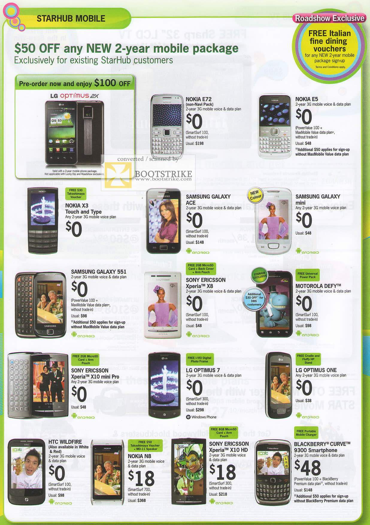 IT Show 2011 price list image brochure of Starhub Mobile Phones LG Optimus 2X Nokia E72 E5 X3 Samsung Sony Ericsson Motorola Defy Xperia LG Sony Ericsson BlackBerry