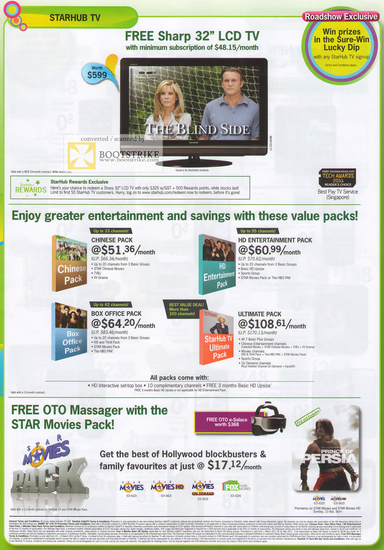 IT Show 2011 price list image brochure of Starhub TV Free Sharp 32 LCD TV Chinese Pack Box Office HD Ultimate Pack OTO Massager