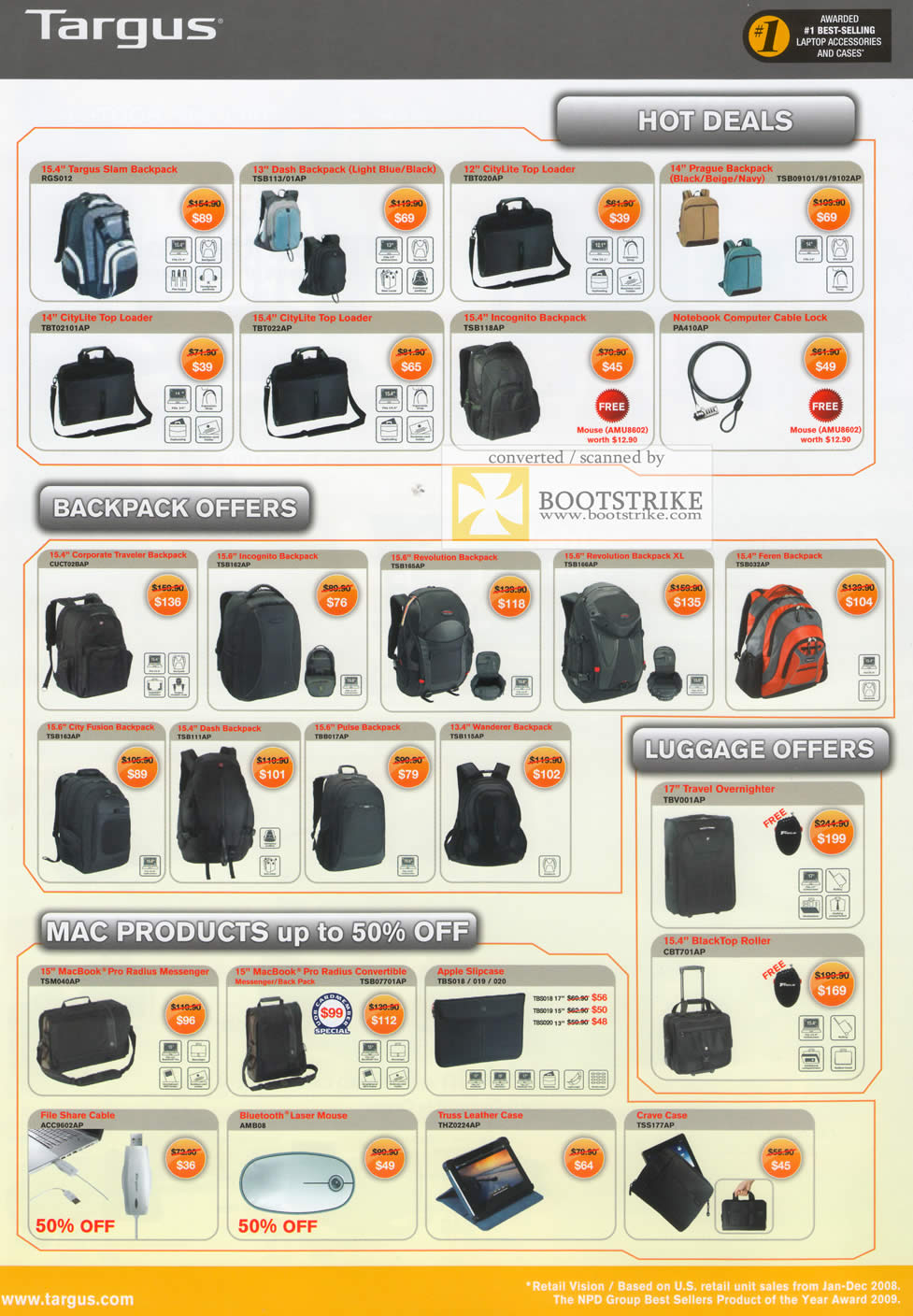 IT Show 2011 price list image brochure of Targus Bags Backpack Slam Dash CityLite Incognito Corporate Revolution Pulse Radius Slipcase Mouse