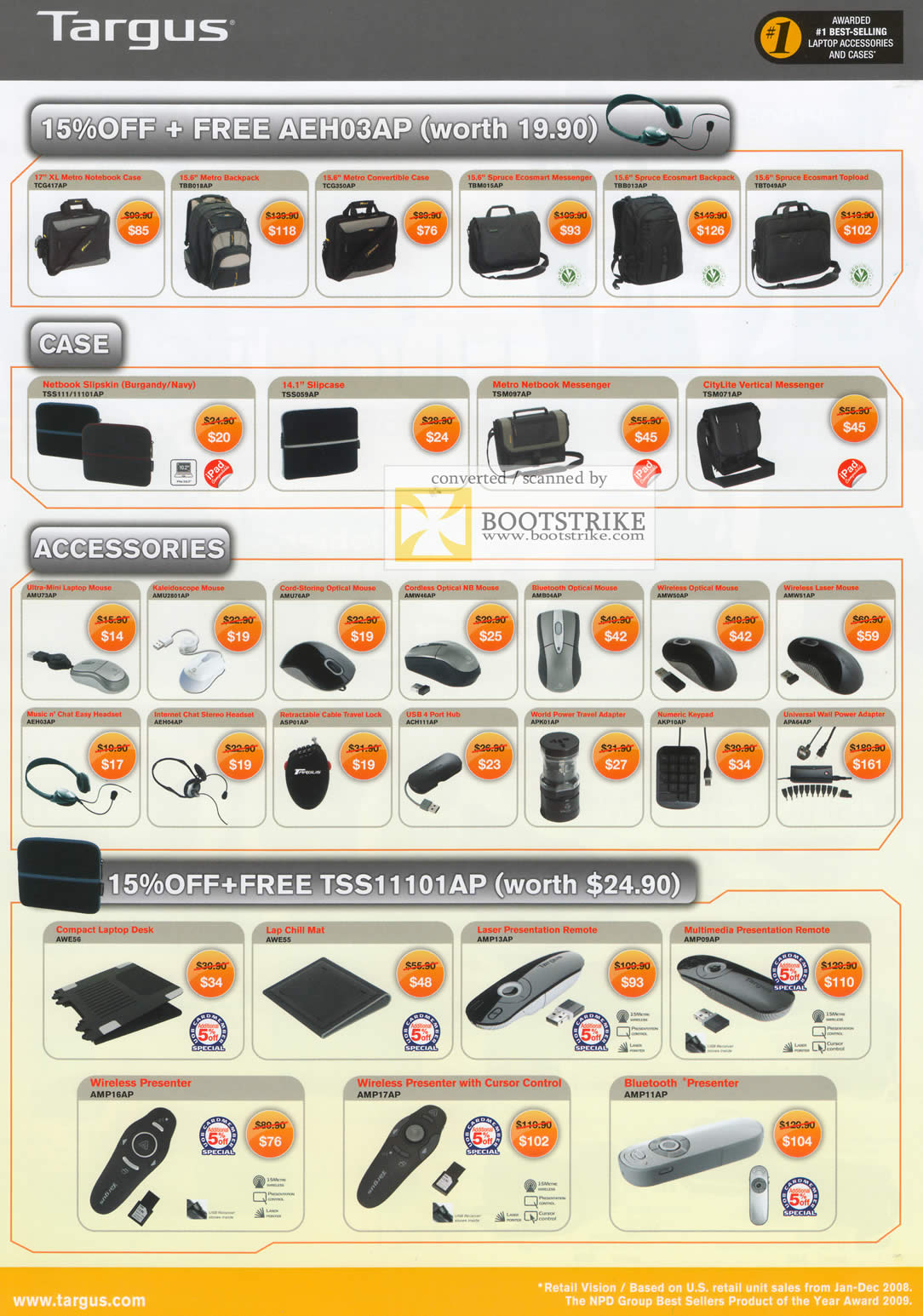 IT Show 2011 price list image brochure of Targus Bags Metro Notebooks Case Metro Spruce Ecosmart Slipskin Slipcase CityLite Accessories Mouse Headset Cooling Pad Wireless Presenter