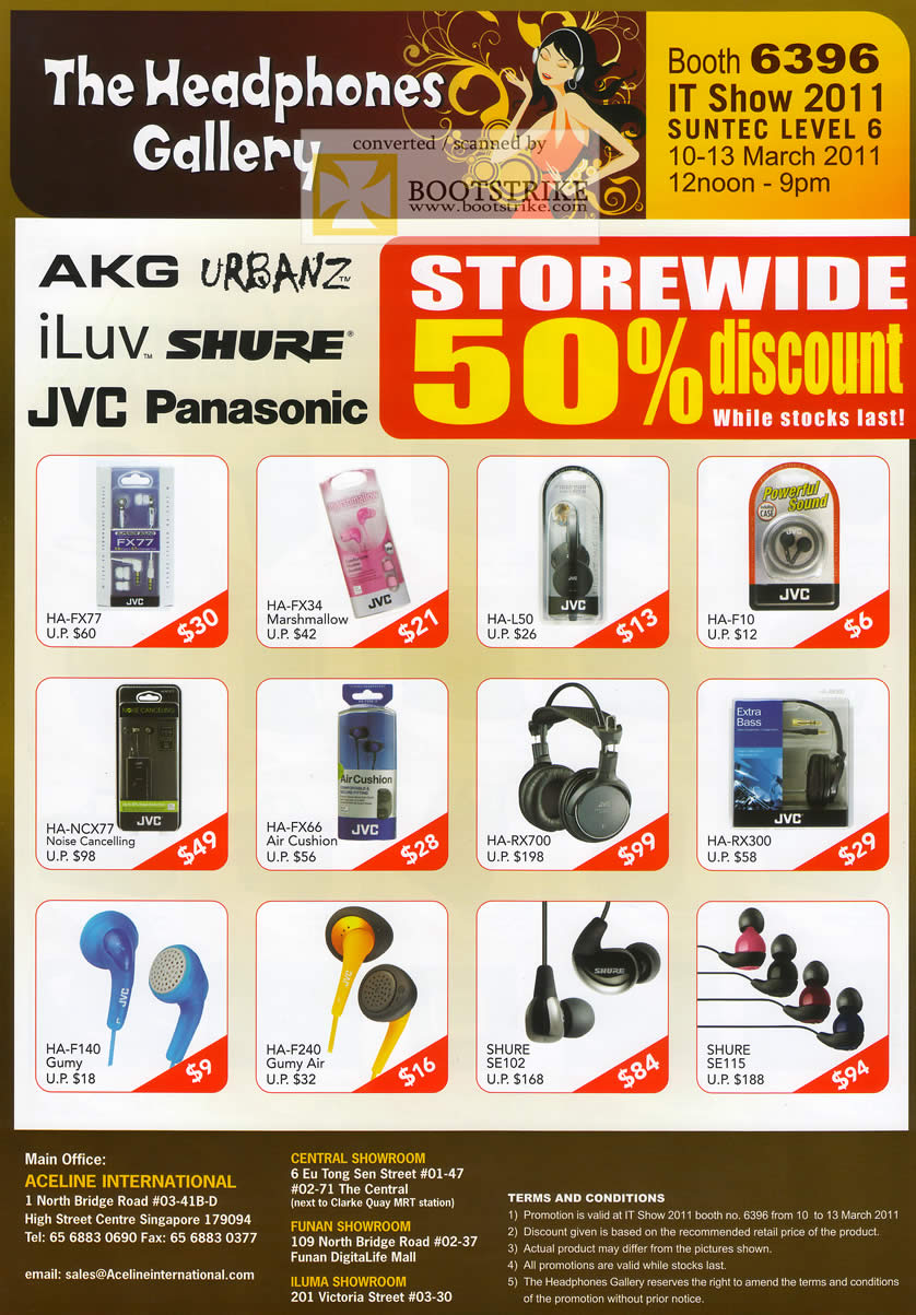 IT Show 2011 price list image brochure of The Headphones Gallery AKG Urbanz ILuv Shure JVC Panasonic HA-FX77 FX34 Marshmallow L50 F1 NCX77 FX66 RX700 RX300 F140 F240 SE102 SE115