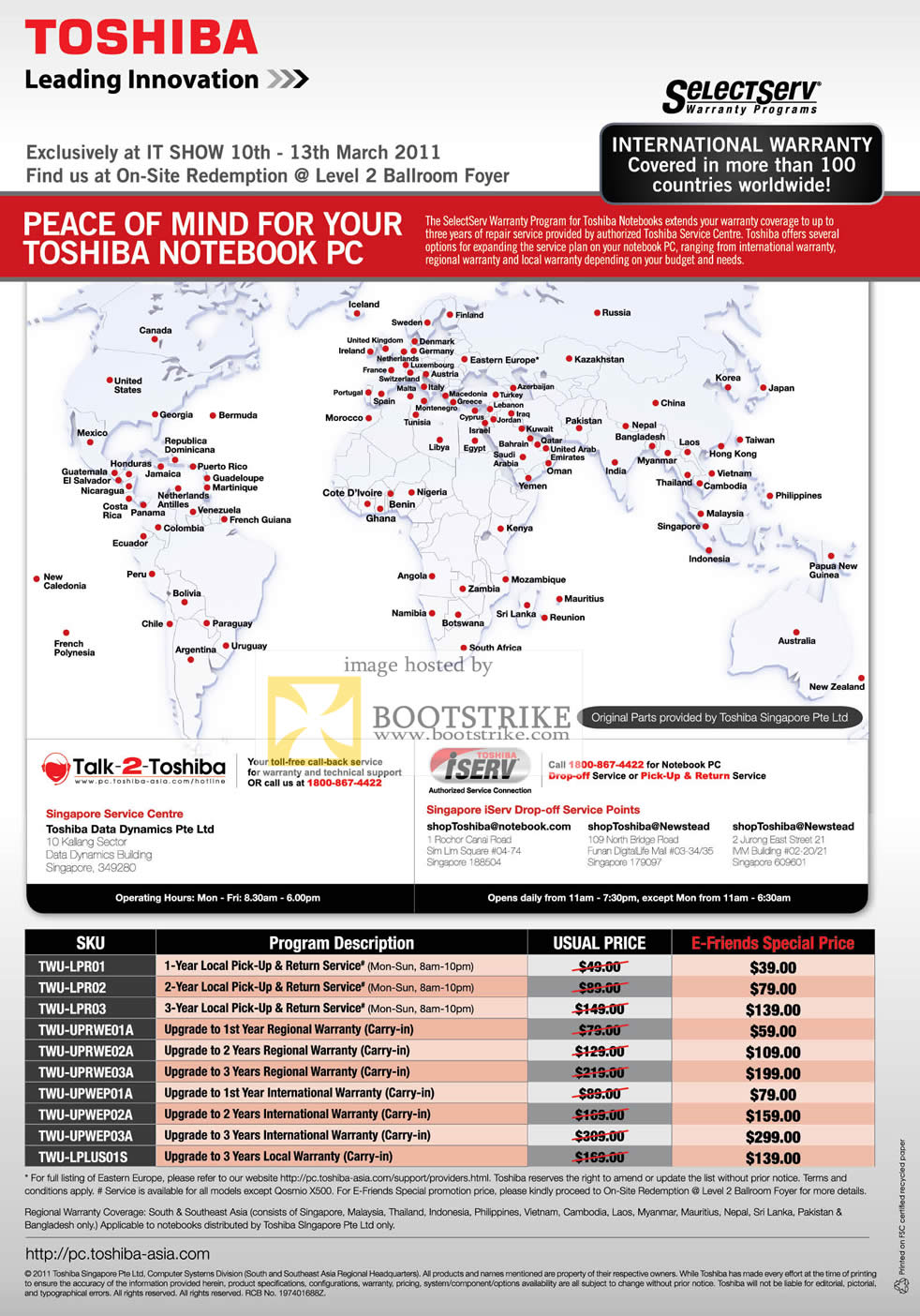 IT Show 2011 price list image brochure of Toshiba SelectServ International Regional Warranty Upgrade Options E-Friends