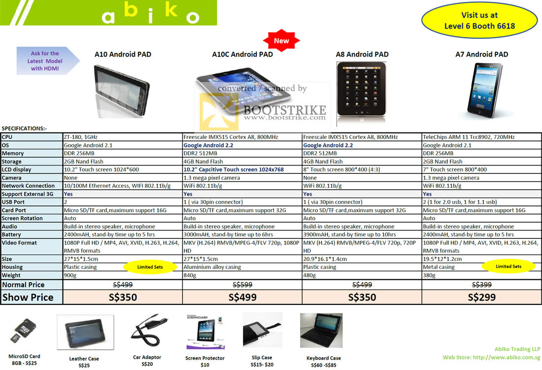 IT Show 2011 price list image brochure of Vectra Abiko Tablets A10 Android PAD A10C A8 A7 MicroSD Case Adapter Screen Protector