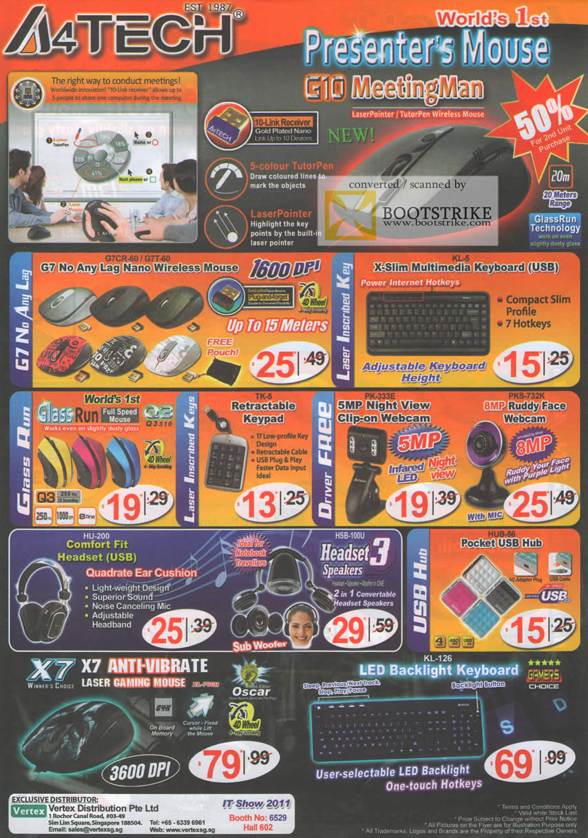 IT Show 2011 price list image brochure of Vertex A4Tech Mouse G10 G7CR-80 G7T-60 KL-5 GlassRun Q3 Q3310 TK-5 PK-33E Webcam PKS-732K HU-200 HSB-100U HUB-56 X7