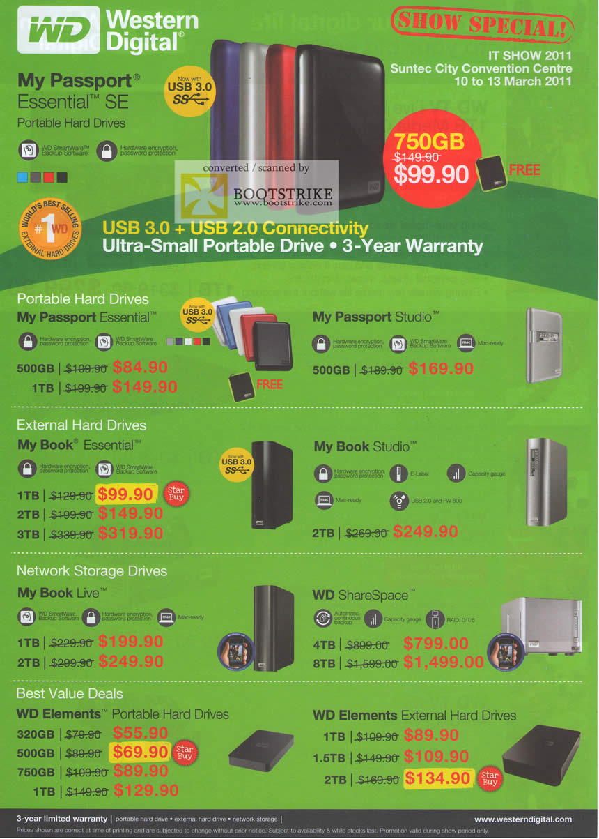 IT Show 2011 price list image brochure of Western Digital External Storage My Passport Essential SE Studio My Book Live ShareSpace Elements